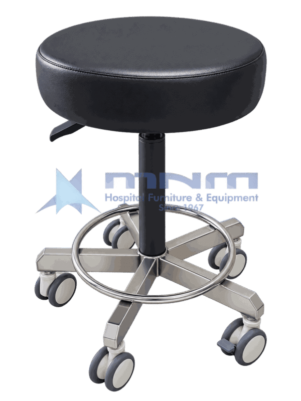 Upholstered medical stool with deep black padded round seat, gas lift column, chrome footring and a stainless steel five star base on castors