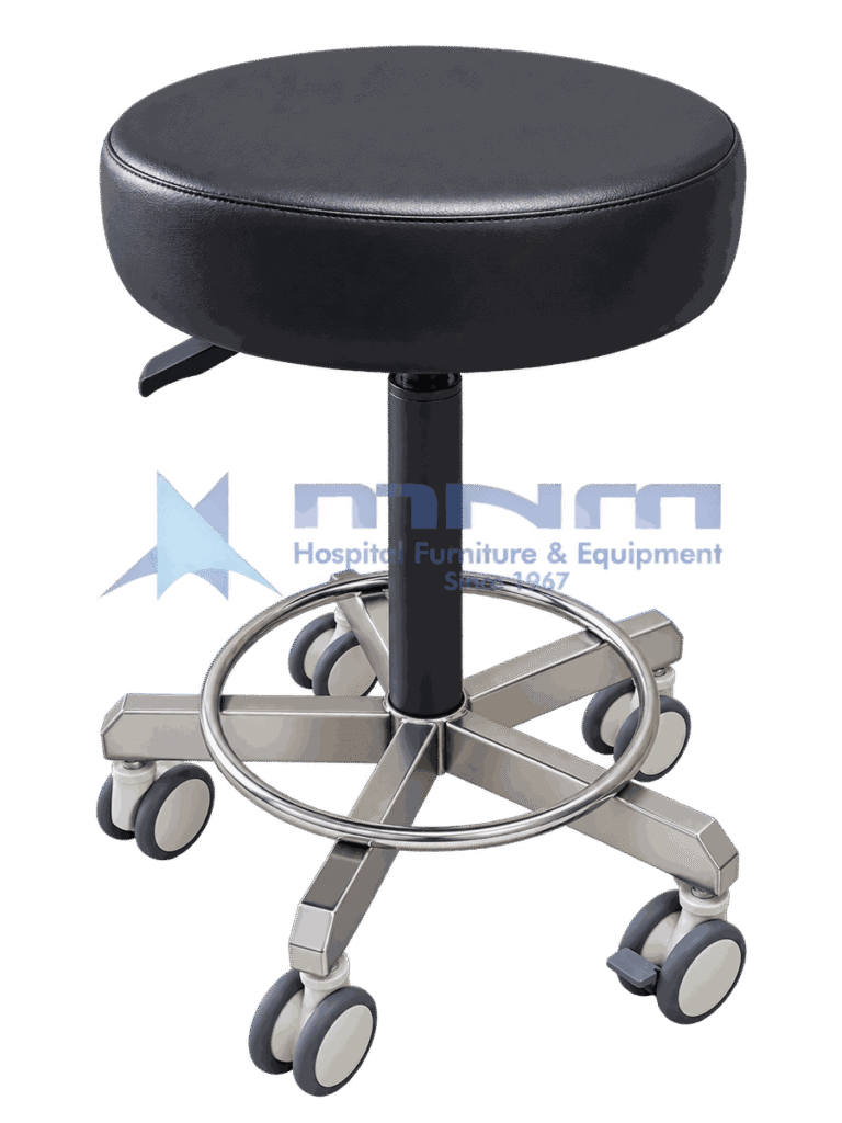 Upholstered medical stool with deep black padded round seat, gas lift column, chrome footring and a stainless steel five star base on castors