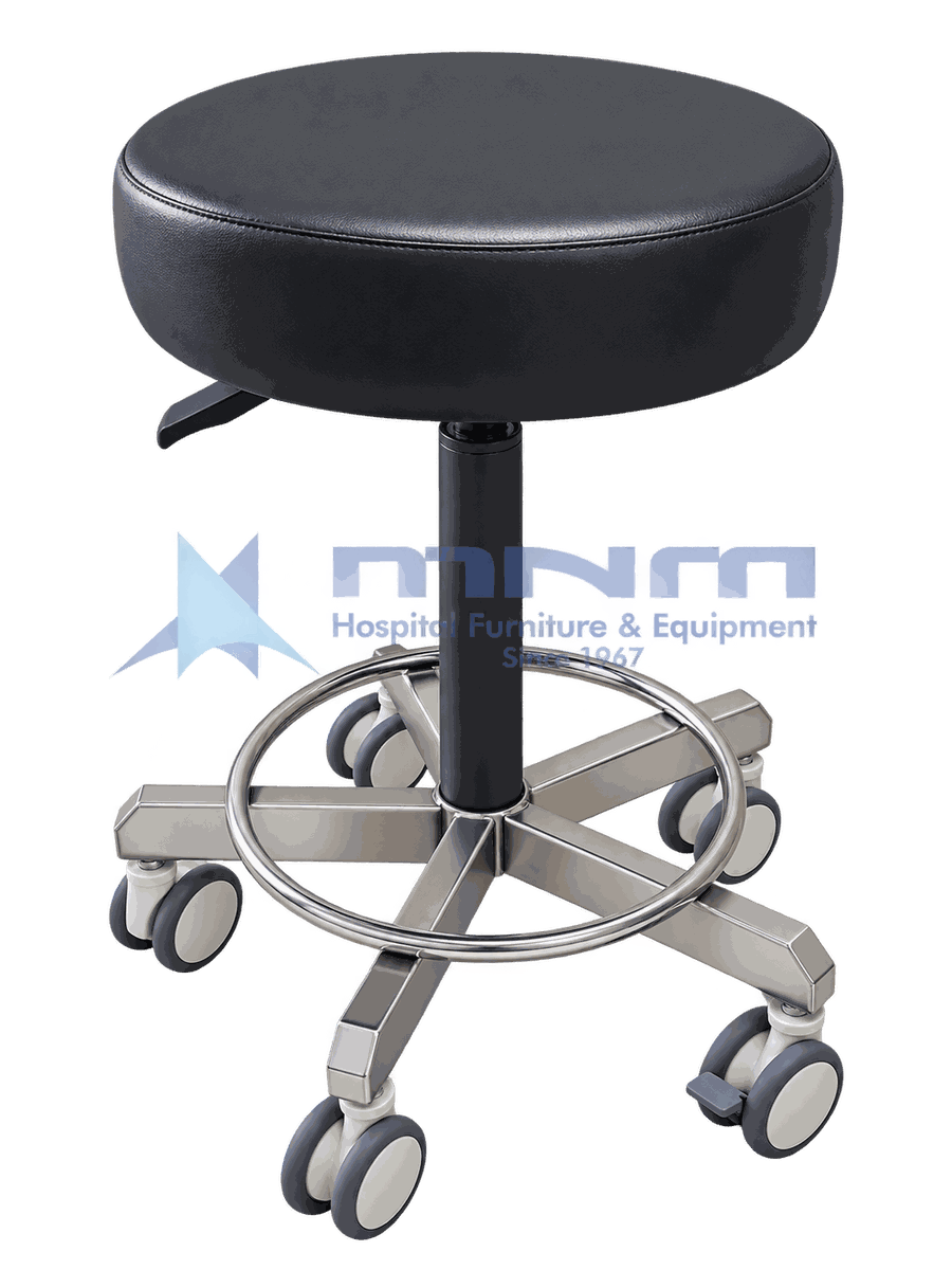 Upholstered Gas Lift Stool with Stainless Steel Five Star Base Upholstered medical stool with deep black padded round seat, gas lift column, chrome footring and a stainless steel five star base on castors
