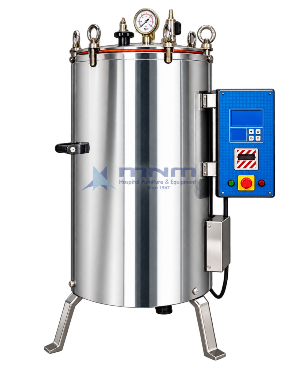 Stainless steel vertical autoclave with automatic digital temperature control panel, digital display, keypad, isolator switch, indicator lamps, pressure gauge and eye-bolt lid clamps