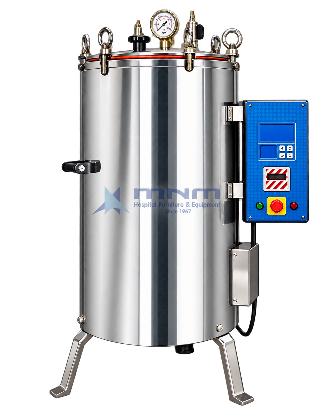 Vertical Autoclave with Automatic Digital Temperature Control Stainless steel vertical autoclave with automatic digital temperature control panel, digital display, keypad, isolator switch, indicator lamps, pressure gauge and eye-bolt lid clamps