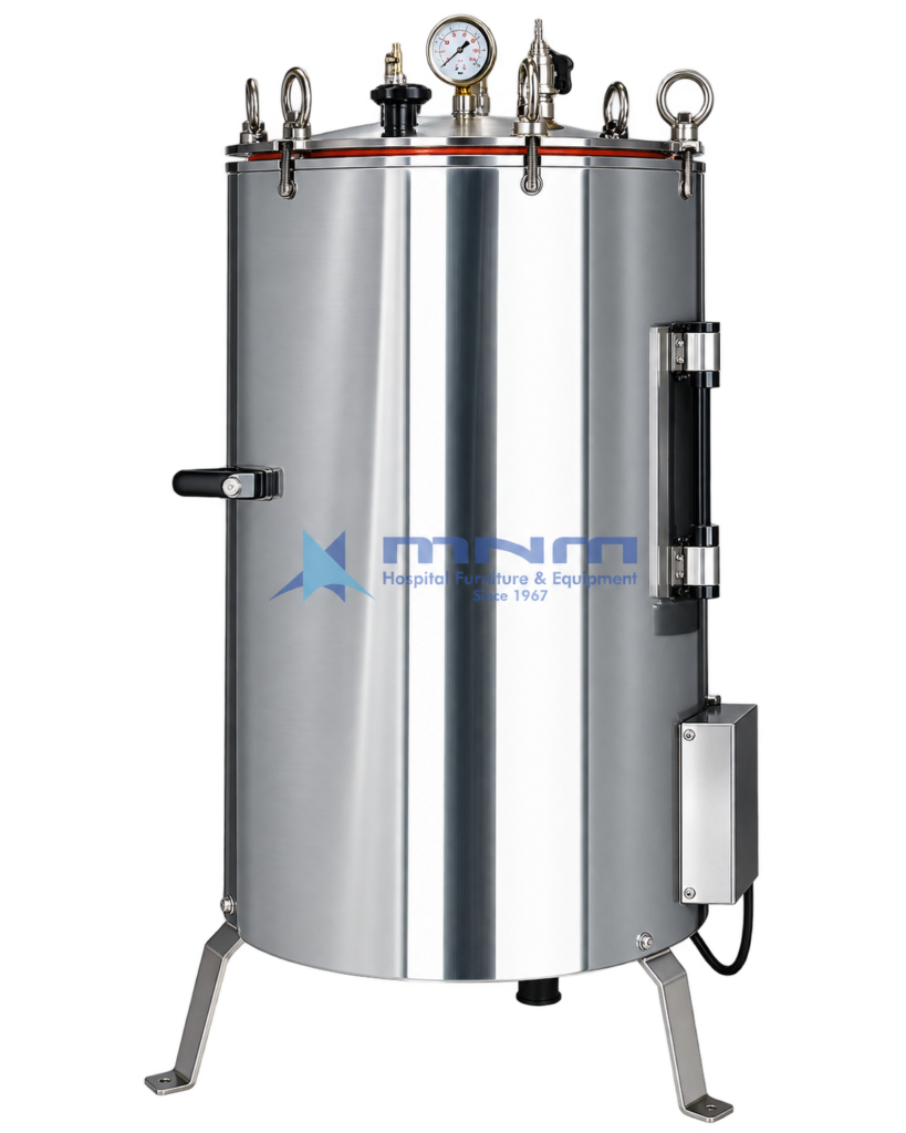 Stainless steel vertical autoclave with pressure gauge, safety valve, eye-bolt lid clamps, silicone gasket, side water level gauge and electric control box on angled stand