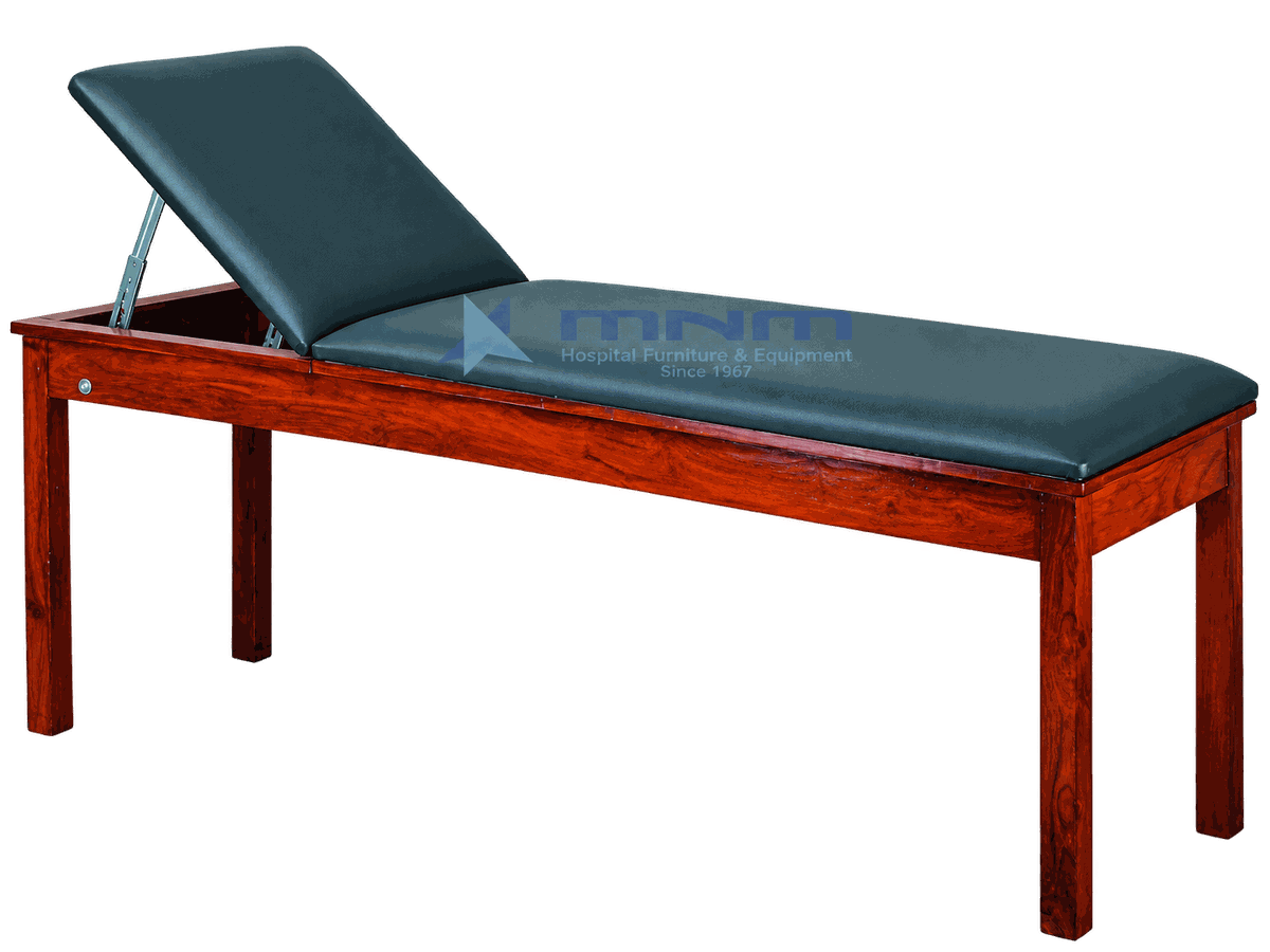 Wooden Frame Examination Couch with Adjustable Backrest Examination couch with polished hardwood frame, dark green upholstery and backrest raised on a metal strut
