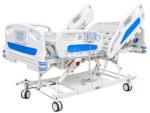 Five function motorized hospital bed with four ABS side rails, nursing control panel on the foot board, central brake pedals and castors