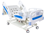 Five function motorized hospital bed seen from the foot end with backrest raised, perforated ABS platform, nursing control panel and split side rails