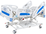 Five function motorized hospital bed raised to working height, showing the handheld remote control, ABS head and foot boards and corner bumpers