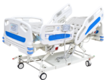 Five function motorized hospital bed with backrest raised, nursing control panel on the ABS foot board and handheld remote on the side rail