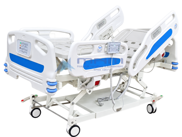Five function motorized hospital bed with backrest raised, nursing control panel on the ABS foot board and handheld remote on the side rail