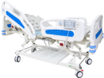 Side view of the five function motorized hospital bed with backrest raised, handheld remote on the side rail, actuator motors and steel base on castors